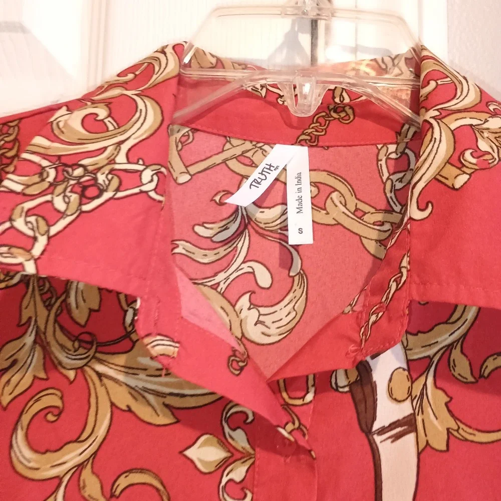 Truth Small VERSACE Inspired Chain Print Hi‎ Low Shirt Dress Tunic Red Gold S - Picture 10 of 15